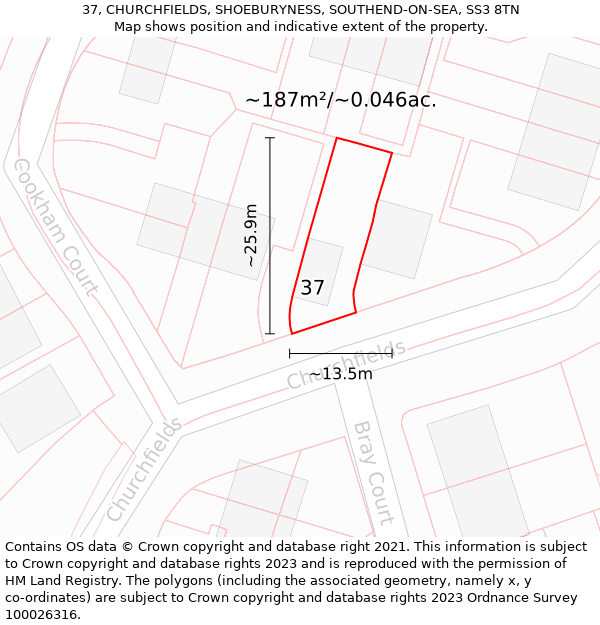 37, CHURCHFIELDS, SHOEBURYNESS, SOUTHEND-ON-SEA, SS3 8TN: Plot and title map