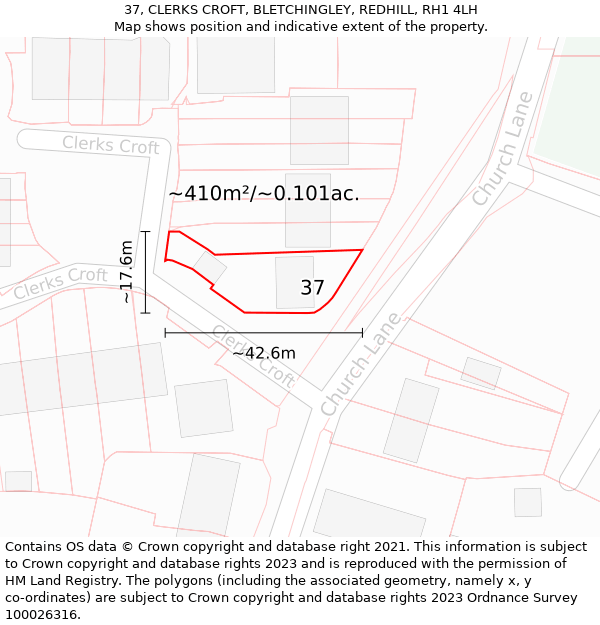 37, CLERKS CROFT, BLETCHINGLEY, REDHILL, RH1 4LH: Plot and title map