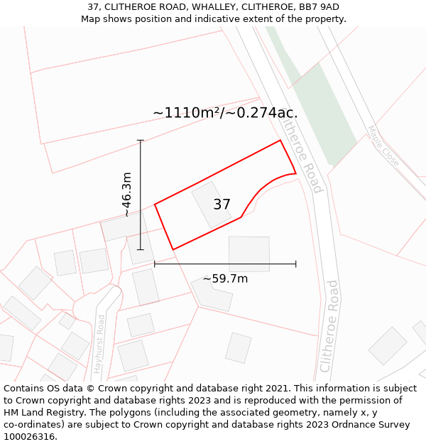 37, CLITHEROE ROAD, WHALLEY, CLITHEROE, BB7 9AD: Plot and title map