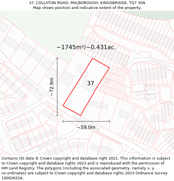 37, COLLATON ROAD, MALBOROUGH, KINGSBRIDGE, TQ7 3SN: Plot and title map