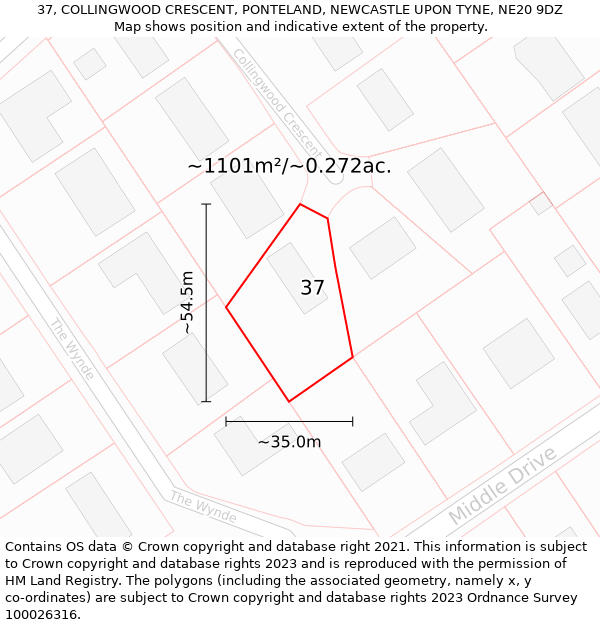 37, COLLINGWOOD CRESCENT, PONTELAND, NEWCASTLE UPON TYNE, NE20 9DZ: Plot and title map