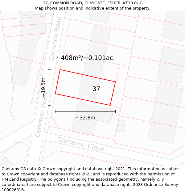 37, COMMON ROAD, CLAYGATE, ESHER, KT10 0HG: Plot and title map