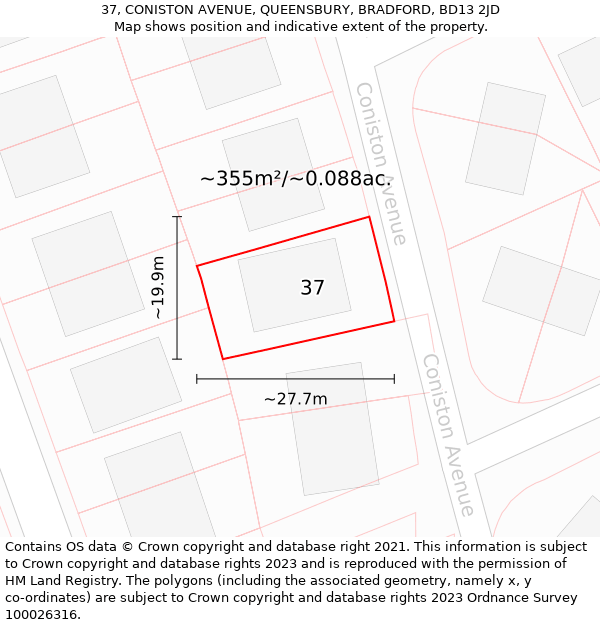 37, CONISTON AVENUE, QUEENSBURY, BRADFORD, BD13 2JD: Plot and title map