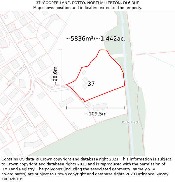 37, COOPER LANE, POTTO, NORTHALLERTON, DL6 3HE: Plot and title map