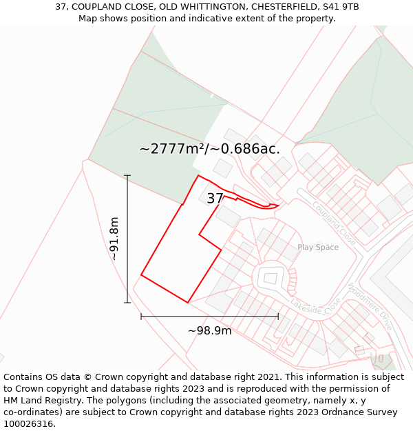 37, COUPLAND CLOSE, OLD WHITTINGTON, CHESTERFIELD, S41 9TB: Plot and title map