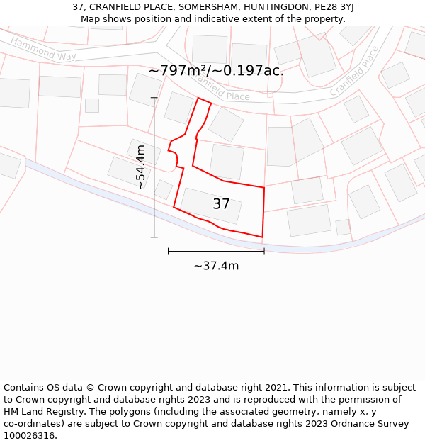 37, CRANFIELD PLACE, SOMERSHAM, HUNTINGDON, PE28 3YJ: Plot and title map