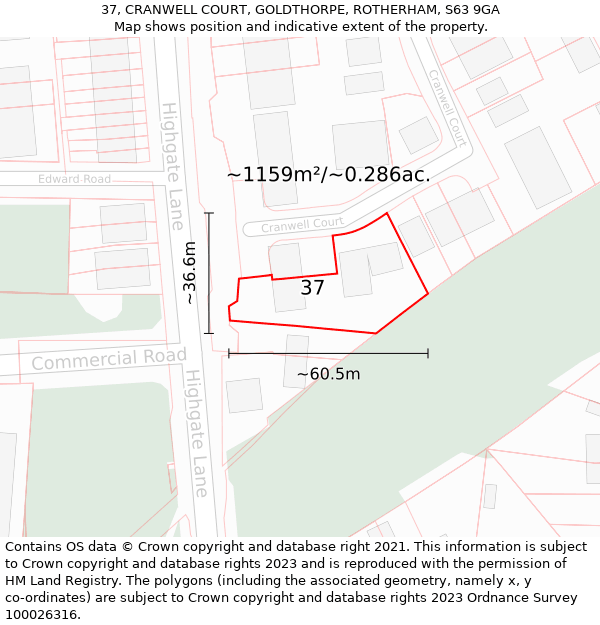 37, CRANWELL COURT, GOLDTHORPE, ROTHERHAM, S63 9GA: Plot and title map