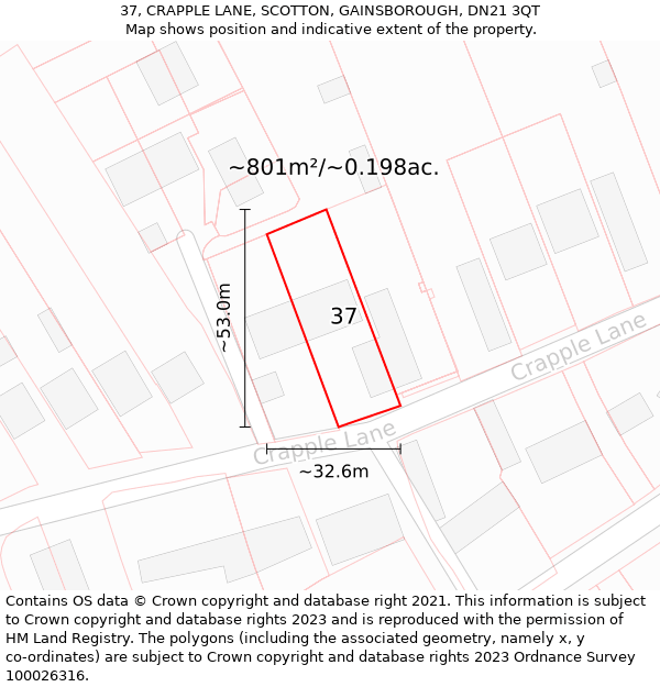 37, CRAPPLE LANE, SCOTTON, GAINSBOROUGH, DN21 3QT: Plot and title map