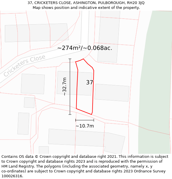 37, CRICKETERS CLOSE, ASHINGTON, PULBOROUGH, RH20 3JQ: Plot and title map