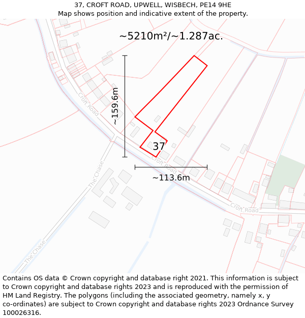 37, CROFT ROAD, UPWELL, WISBECH, PE14 9HE: Plot and title map