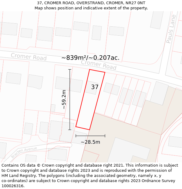 37, CROMER ROAD, OVERSTRAND, CROMER, NR27 0NT: Plot and title map