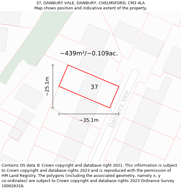 37, DANBURY VALE, DANBURY, CHELMSFORD, CM3 4LA: Plot and title map