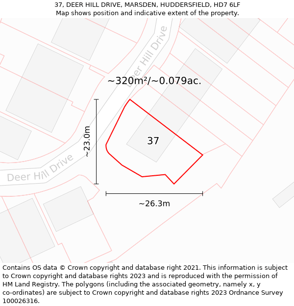 37, DEER HILL DRIVE, MARSDEN, HUDDERSFIELD, HD7 6LF: Plot and title map