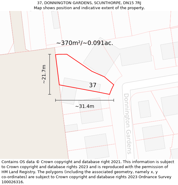 37, DONNINGTON GARDENS, SCUNTHORPE, DN15 7RJ: Plot and title map