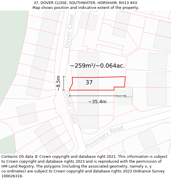 37, DOVER CLOSE, SOUTHWATER, HORSHAM, RH13 9XX: Plot and title map