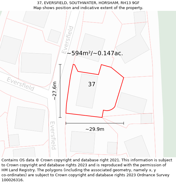 37, EVERSFIELD, SOUTHWATER, HORSHAM, RH13 9GF: Plot and title map