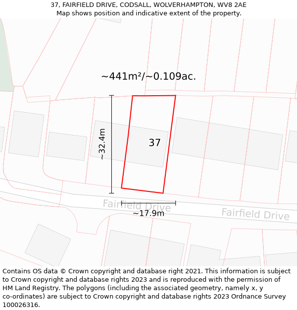 37, FAIRFIELD DRIVE, CODSALL, WOLVERHAMPTON, WV8 2AE: Plot and title map