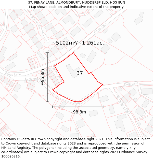 37, FENAY LANE, ALMONDBURY, HUDDERSFIELD, HD5 8UN: Plot and title map