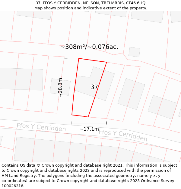 37, FFOS Y CERRIDDEN, NELSON, TREHARRIS, CF46 6HQ: Plot and title map