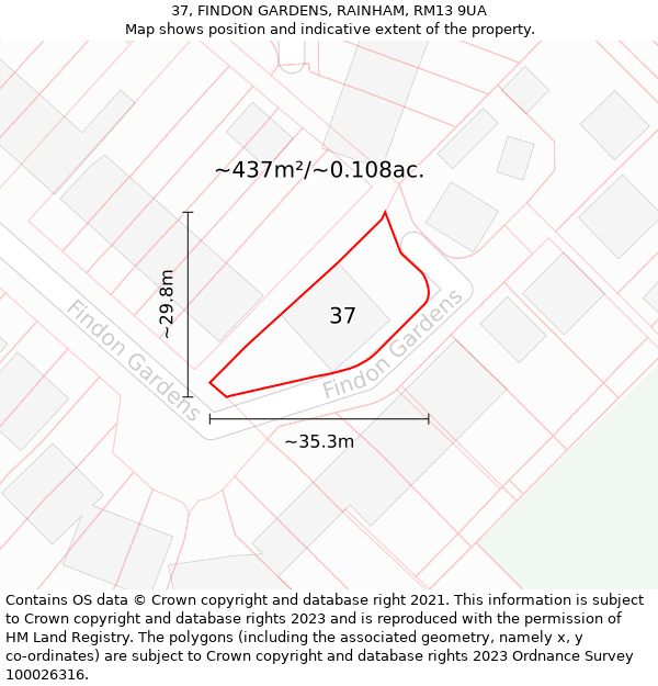 37, FINDON GARDENS, RAINHAM, RM13 9UA: Plot and title map