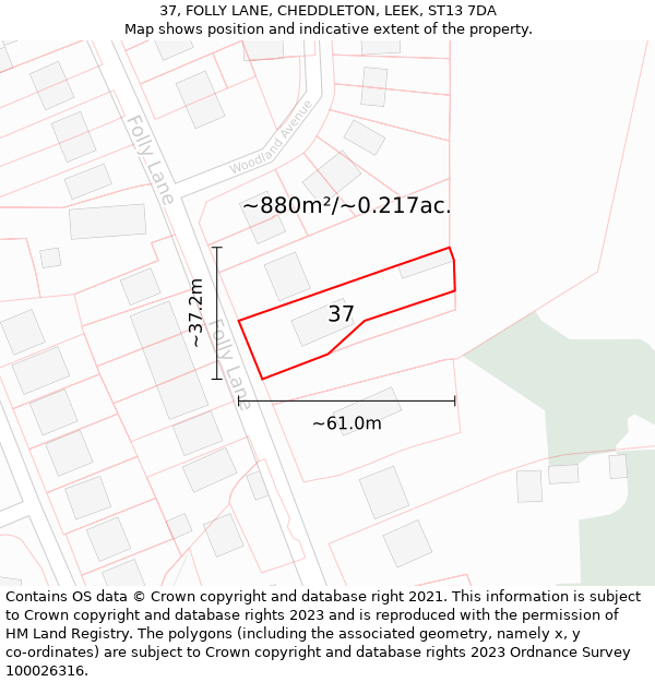 37, FOLLY LANE, CHEDDLETON, LEEK, ST13 7DA: Plot and title map