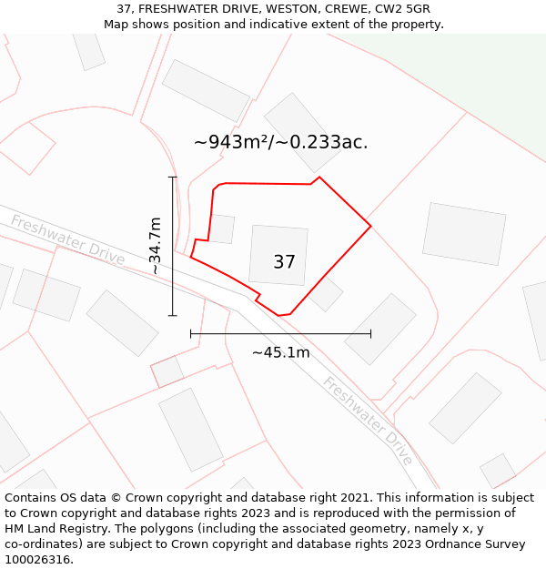 37, FRESHWATER DRIVE, WESTON, CREWE, CW2 5GR: Plot and title map