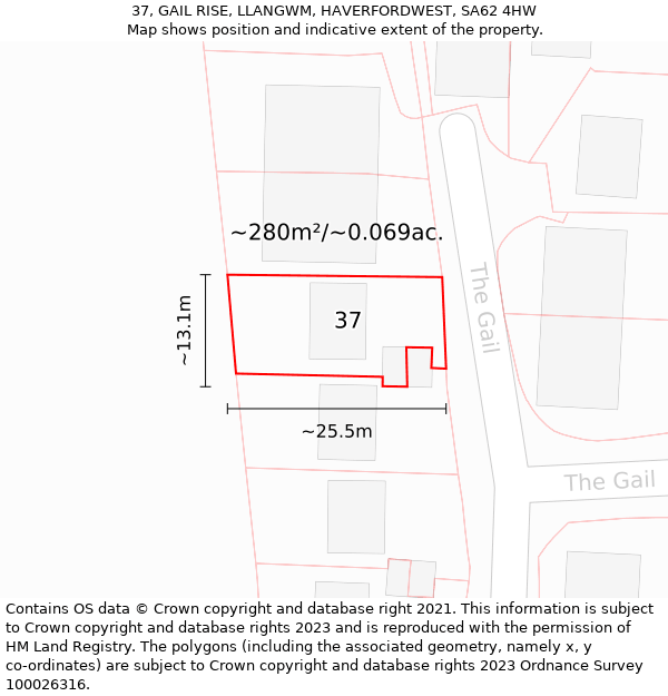 37, GAIL RISE, LLANGWM, HAVERFORDWEST, SA62 4HW: Plot and title map