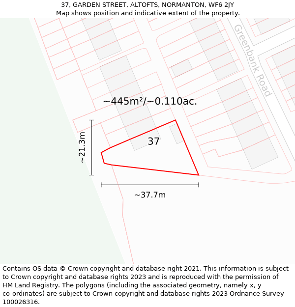 37, GARDEN STREET, ALTOFTS, NORMANTON, WF6 2JY: Plot and title map