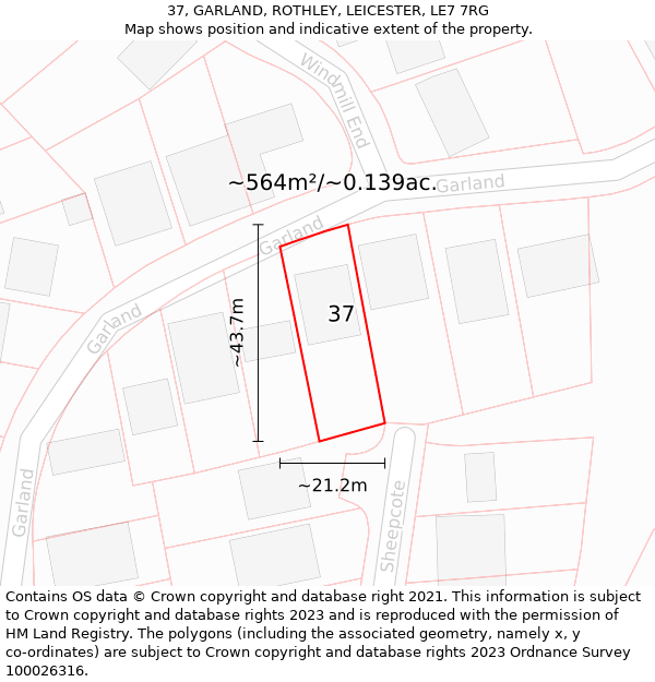 37, GARLAND, ROTHLEY, LEICESTER, LE7 7RG: Plot and title map