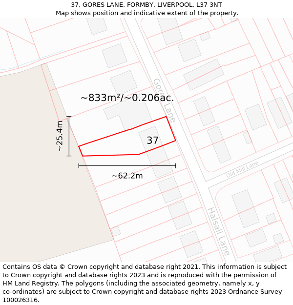 37, GORES LANE, FORMBY, LIVERPOOL, L37 3NT: Plot and title map