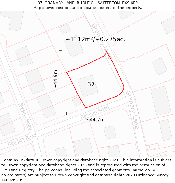 37, GRANARY LANE, BUDLEIGH SALTERTON, EX9 6EP: Plot and title map