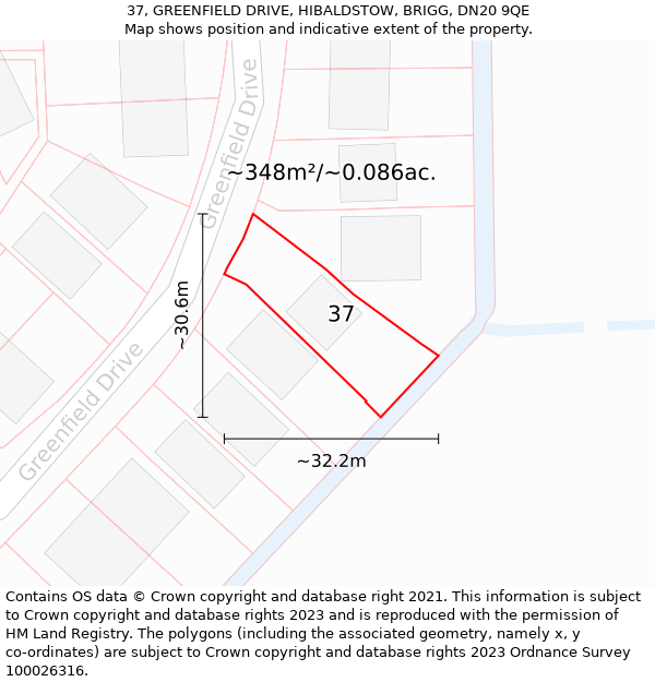 37, GREENFIELD DRIVE, HIBALDSTOW, BRIGG, DN20 9QE: Plot and title map