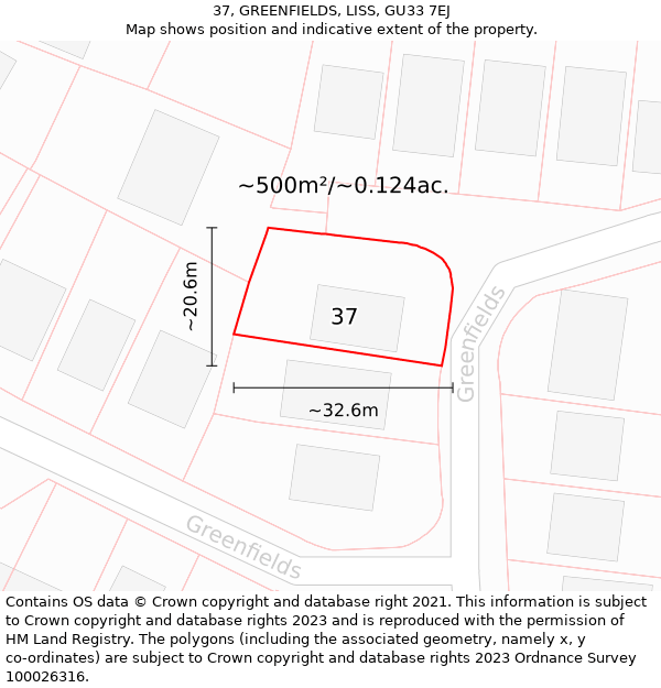 37, GREENFIELDS, LISS, GU33 7EJ: Plot and title map