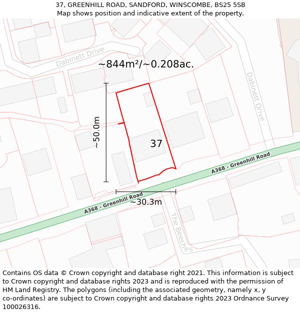 37, GREENHILL ROAD, SANDFORD, WINSCOMBE, BS25 5SB: Plot and title map