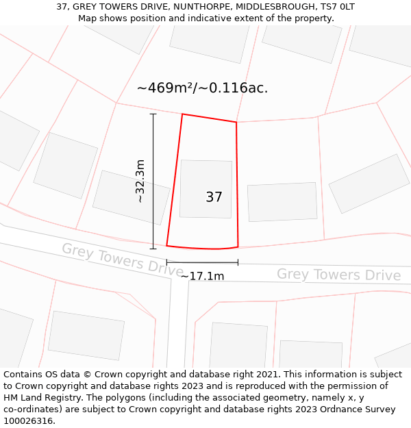 37, GREY TOWERS DRIVE, NUNTHORPE, MIDDLESBROUGH, TS7 0LT: Plot and title map