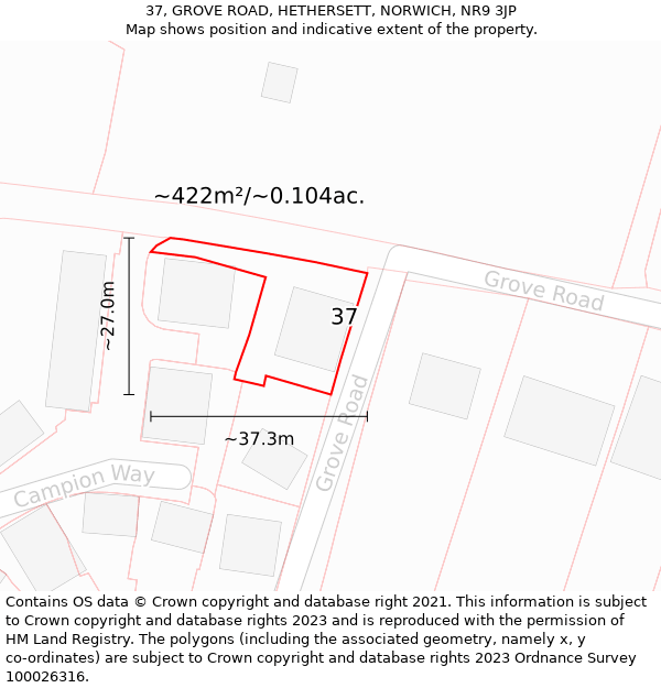 37, GROVE ROAD, HETHERSETT, NORWICH, NR9 3JP: Plot and title map