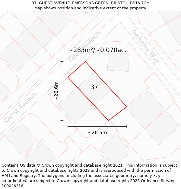 37, GUEST AVENUE, EMERSONS GREEN, BRISTOL, BS16 7GA: Plot and title map