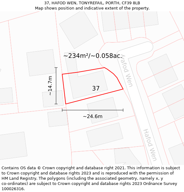 37, HAFOD WEN, TONYREFAIL, PORTH, CF39 8LB: Plot and title map