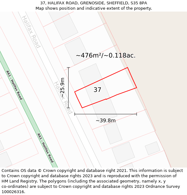 37, HALIFAX ROAD, GRENOSIDE, SHEFFIELD, S35 8PA: Plot and title map
