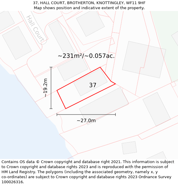 37, HALL COURT, BROTHERTON, KNOTTINGLEY, WF11 9HF: Plot and title map