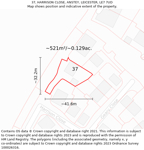 37, HARRISON CLOSE, ANSTEY, LEICESTER, LE7 7UD: Plot and title map