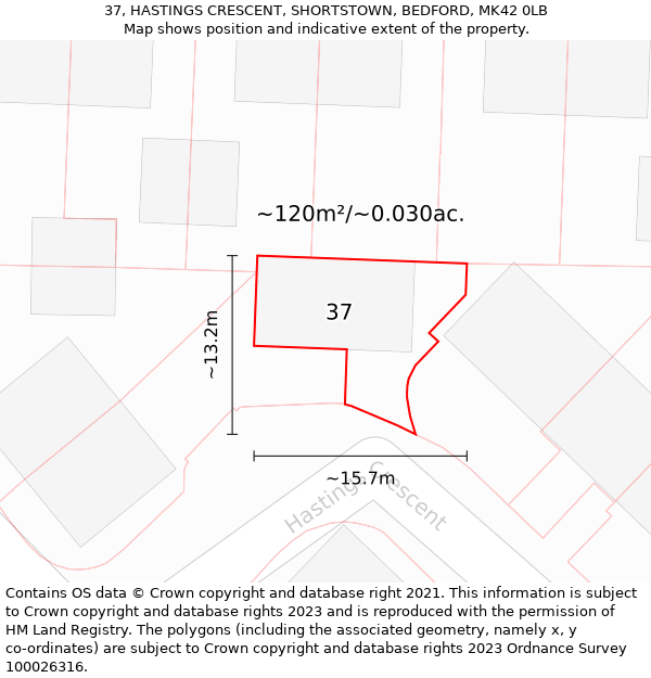 37, HASTINGS CRESCENT, SHORTSTOWN, BEDFORD, MK42 0LB: Plot and title map