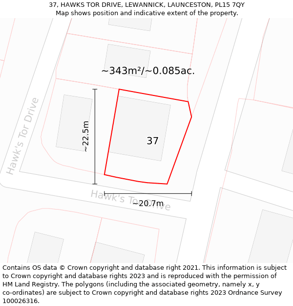 37, HAWKS TOR DRIVE, LEWANNICK, LAUNCESTON, PL15 7QY: Plot and title map