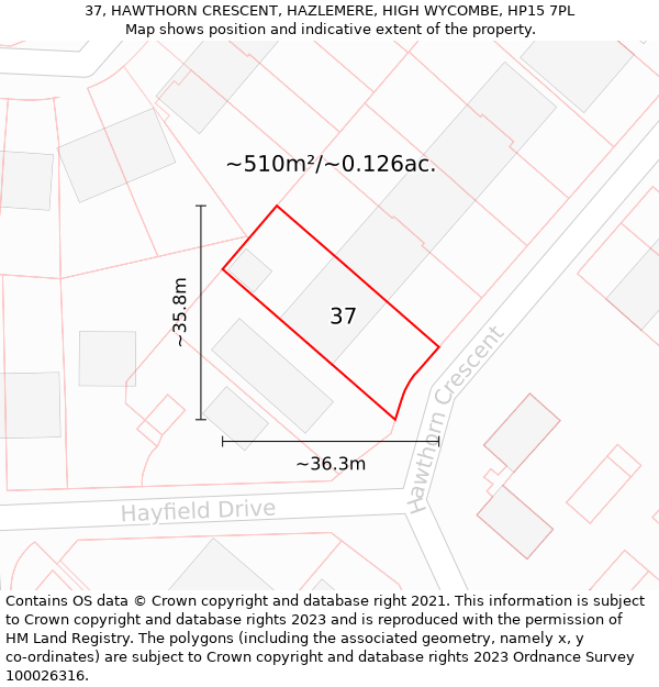 37, HAWTHORN CRESCENT, HAZLEMERE, HIGH WYCOMBE, HP15 7PL: Plot and title map