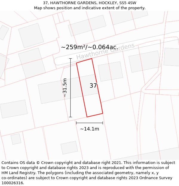 37, HAWTHORNE GARDENS, HOCKLEY, SS5 4SW: Plot and title map