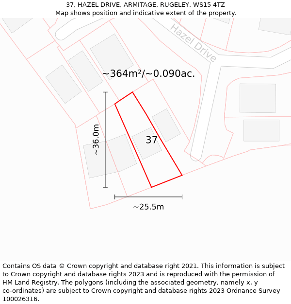 37, HAZEL DRIVE, ARMITAGE, RUGELEY, WS15 4TZ: Plot and title map