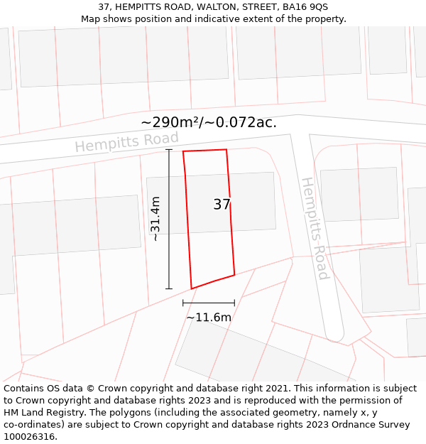 37, HEMPITTS ROAD, WALTON, STREET, BA16 9QS: Plot and title map