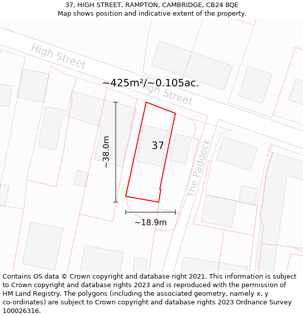 37, HIGH STREET, RAMPTON, CAMBRIDGE, CB24 8QE: Plot and title map