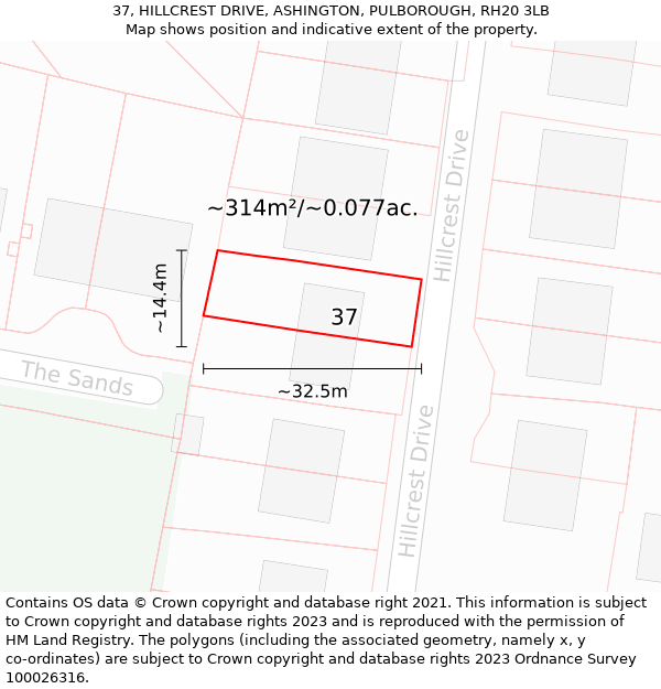 37, HILLCREST DRIVE, ASHINGTON, PULBOROUGH, RH20 3LB: Plot and title map