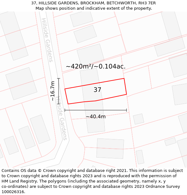 37, HILLSIDE GARDENS, BROCKHAM, BETCHWORTH, RH3 7ER: Plot and title map